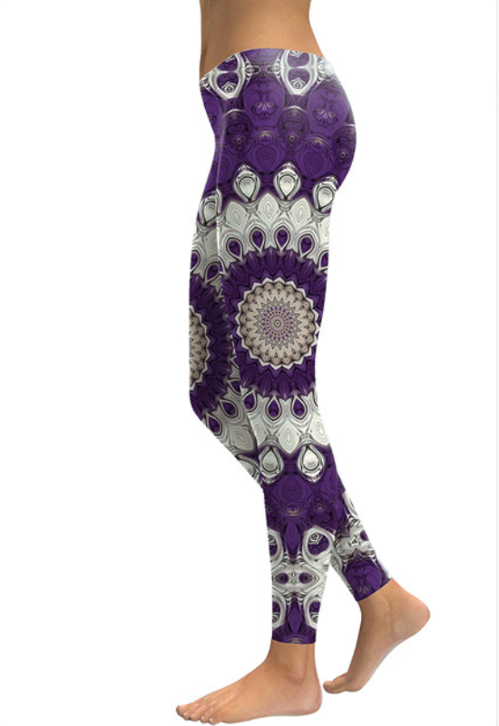 Purple Mandala Flower Yoga Workout Leggings - High Impact Coffee
