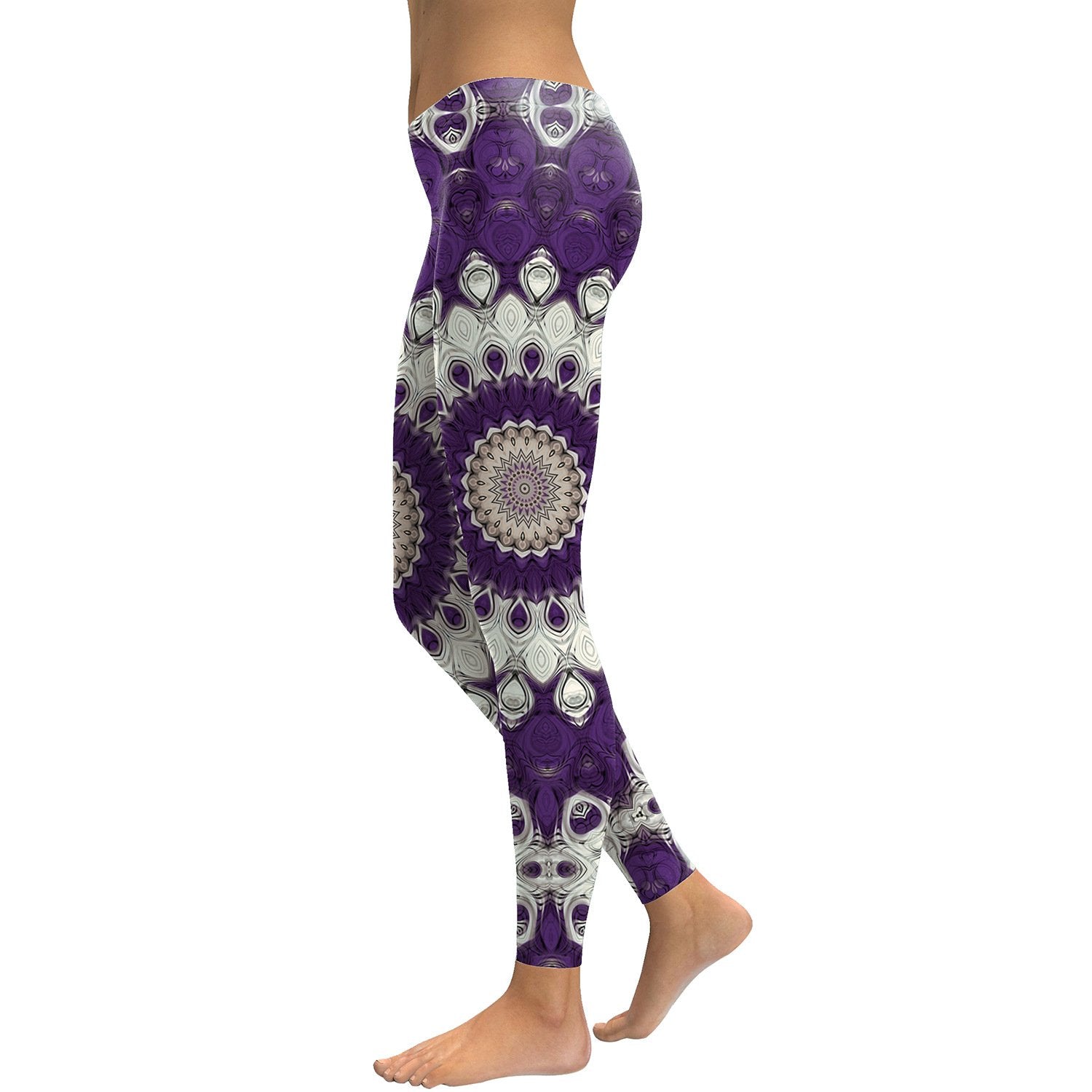 Purple Mandala Flower Yoga Workout Leggings - High Impact Coffee